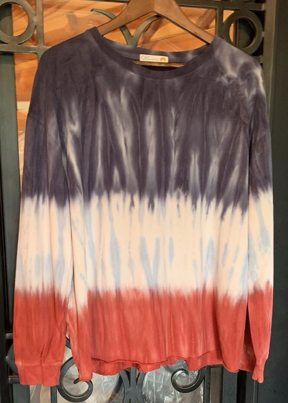 C C California Poppy Tie-Die Raw Edge Pullover Shirt Top Red White Blue XL